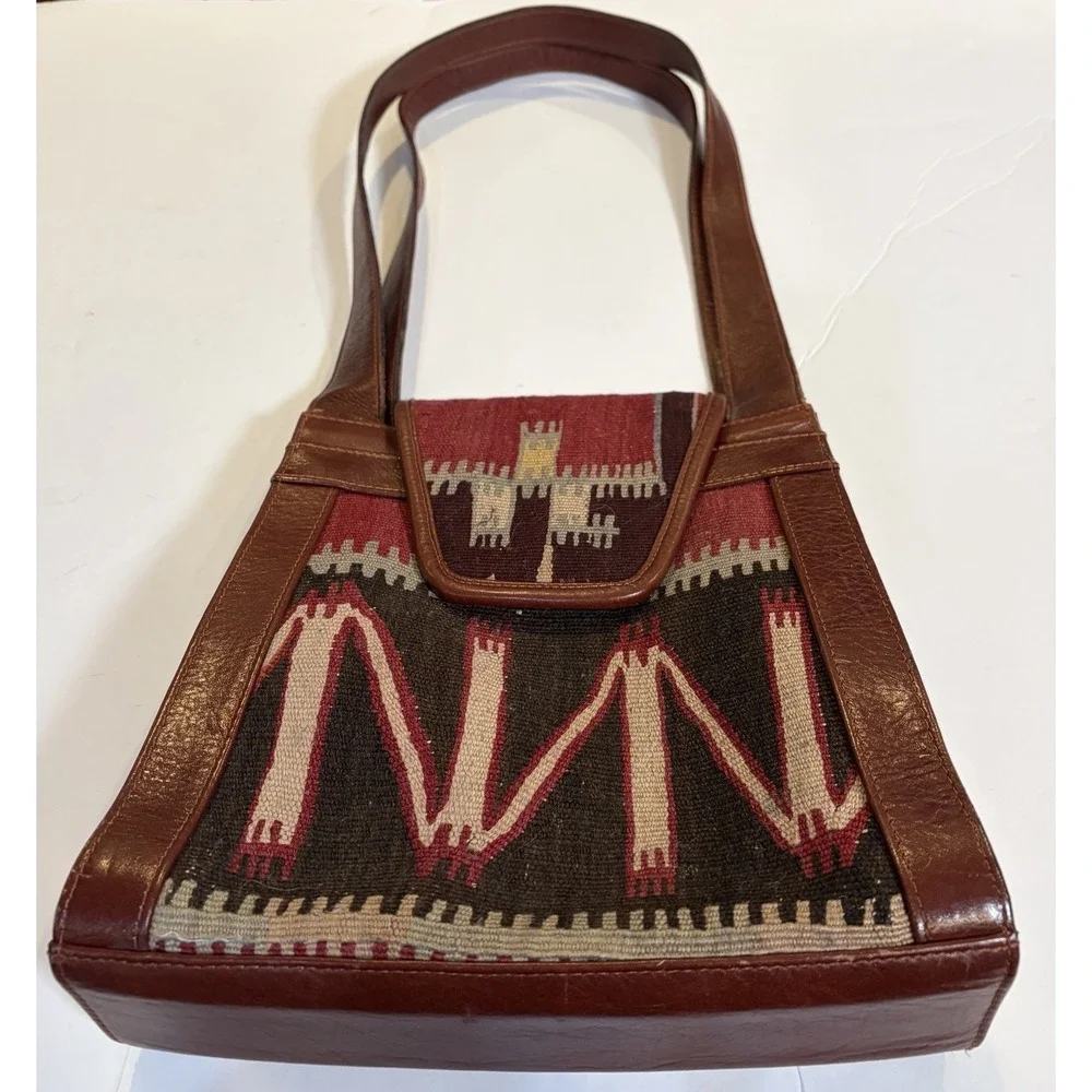 VTG YUN ART Turkish Kilim Wool Rust-Tan Leather Shoulder Bag Purse Boho Hobo